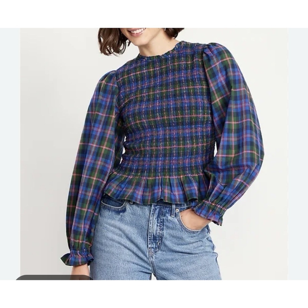 Old Navy Top Womens Large Blue Plaid Smocked Peplum Long Sleeve 100% Cotton